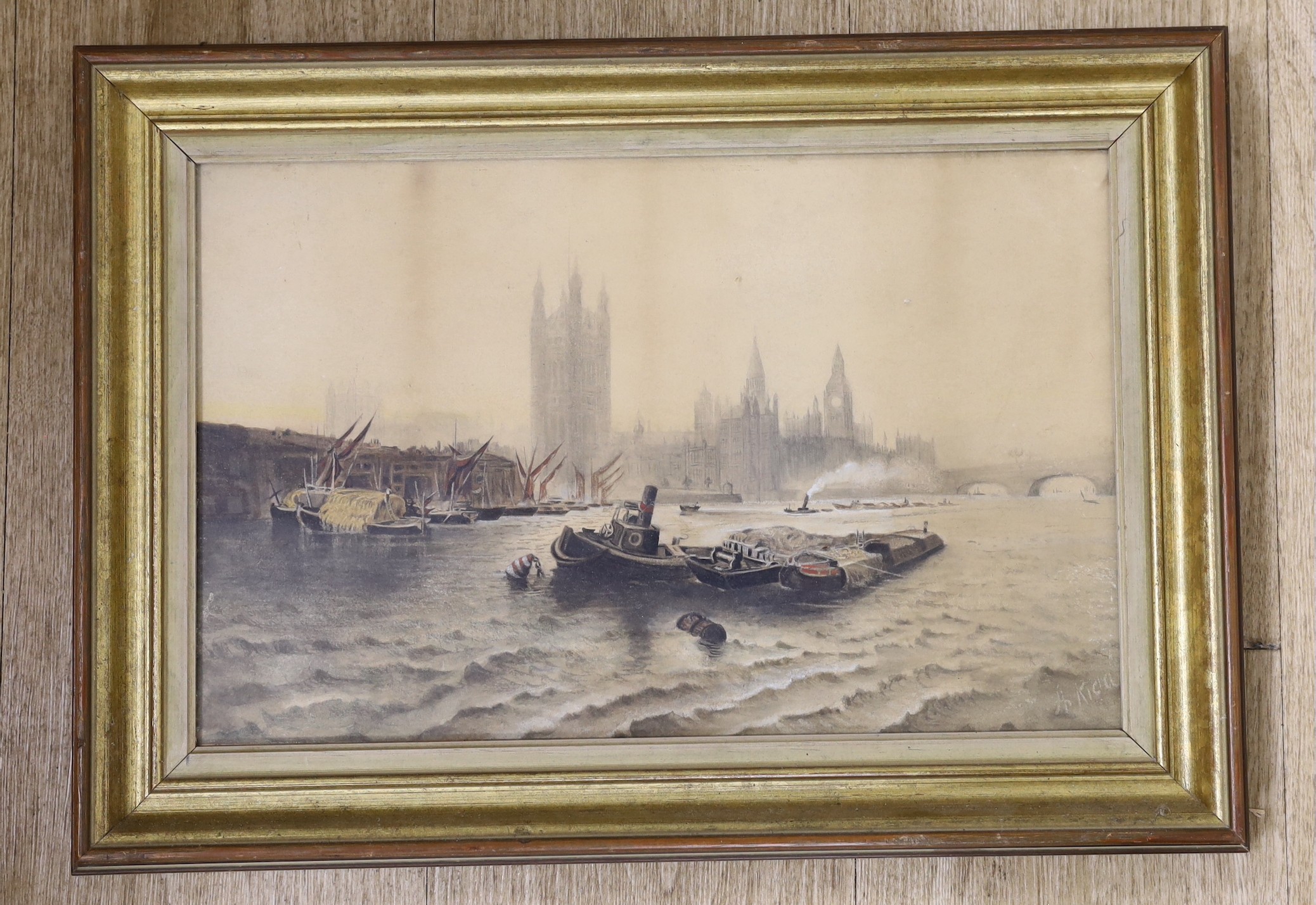 A. Kidd, watercolour, Barges before the Palace of Westminster, signed, 24 x 39cm